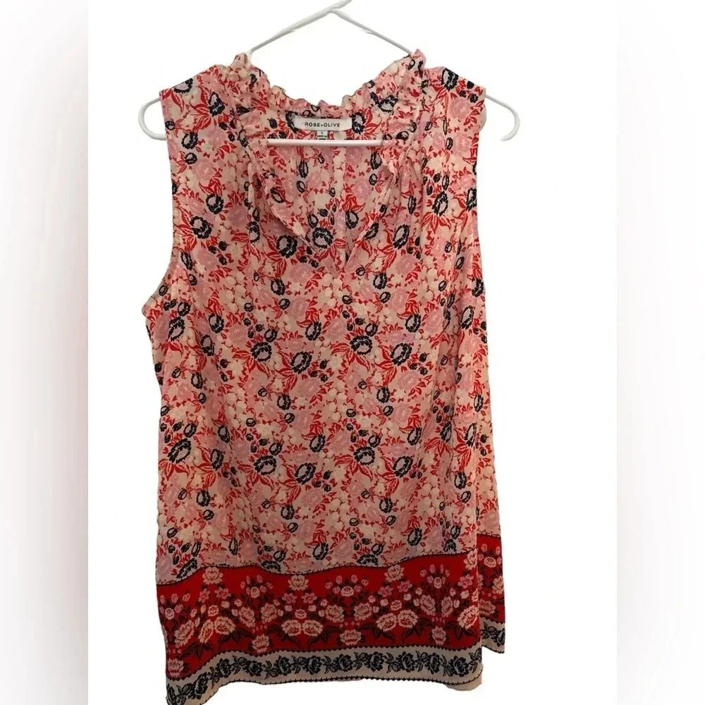 Rose + Olive vneck ruffle collar sleeveless multicolor top